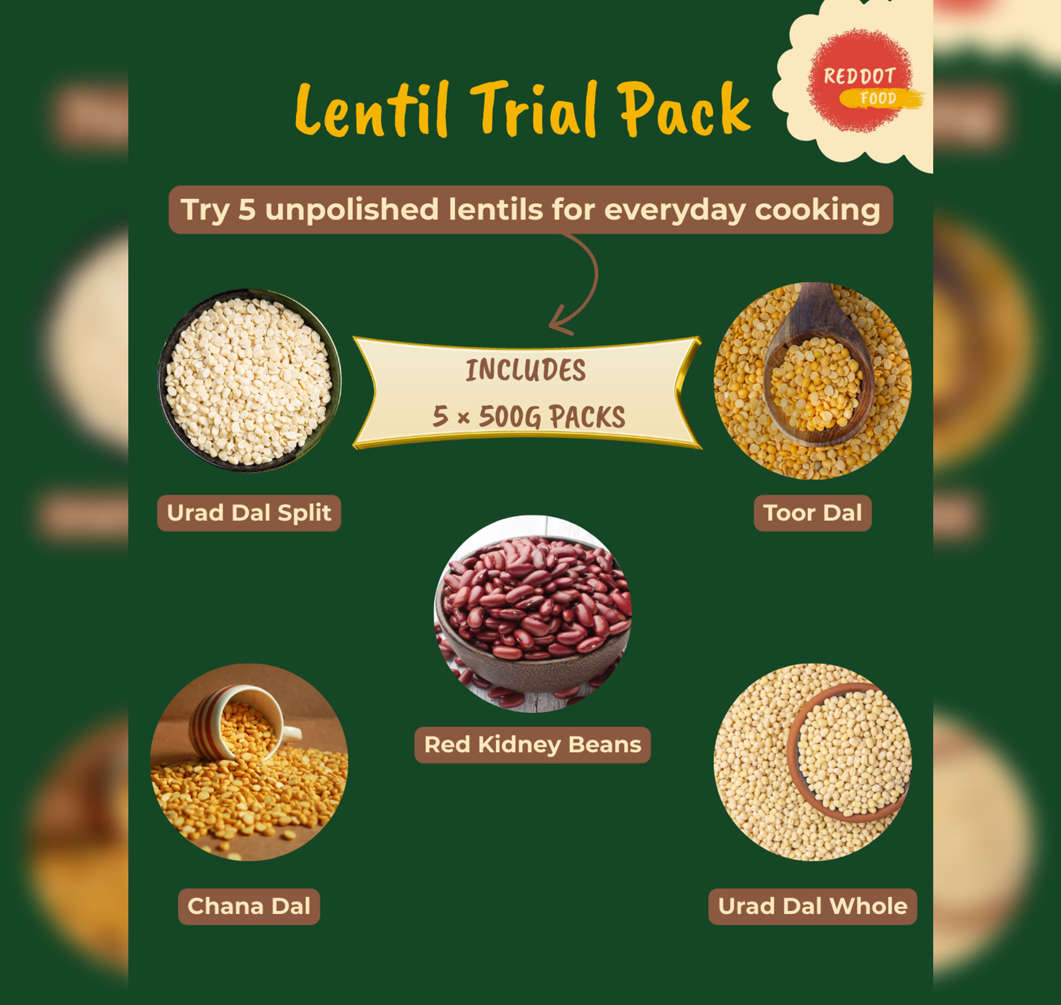 Try 5 everyday Indian lentils in 500g packs. Perfect for daily cooking. Buy quality lentils online in Ireland from Reddot Food